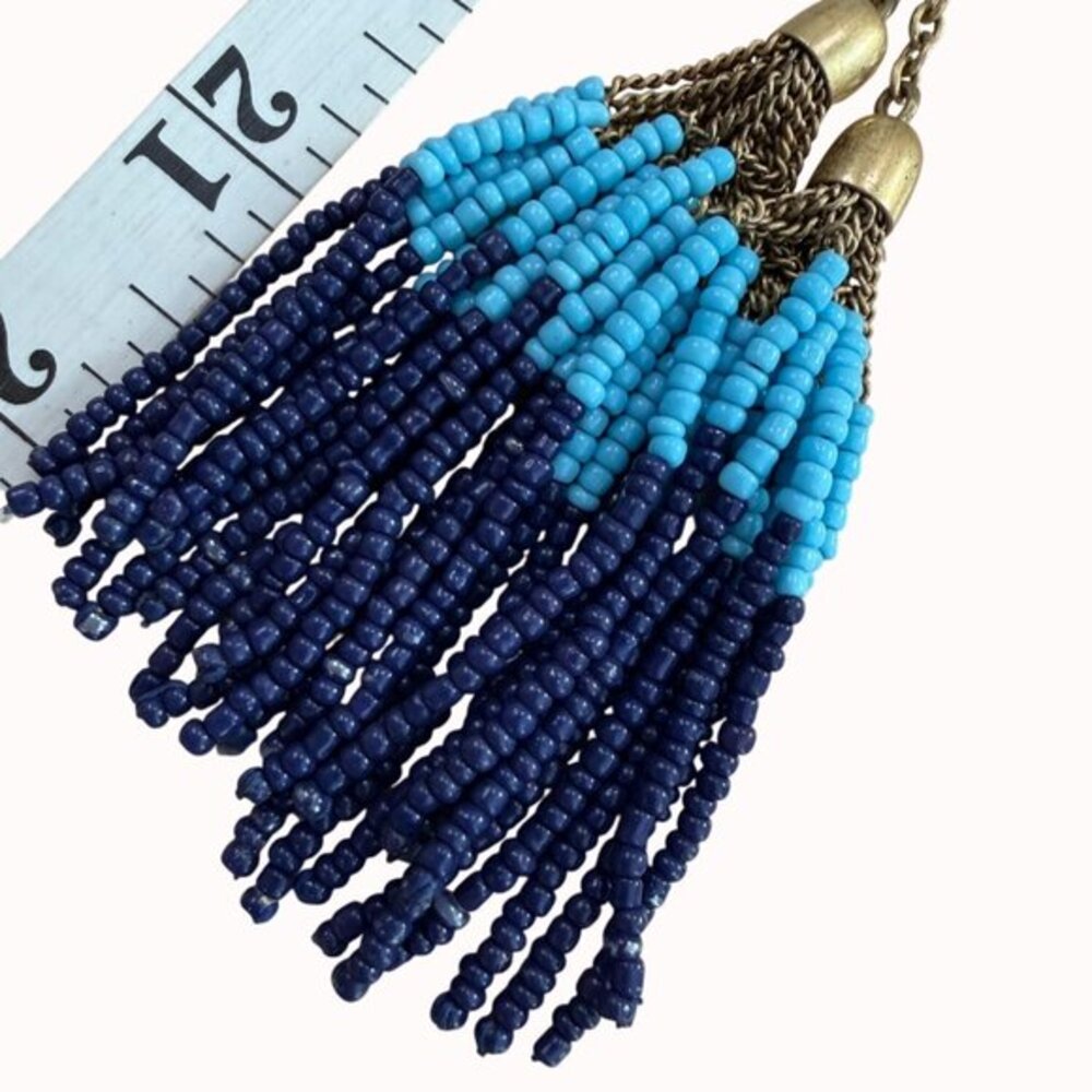 J.‎ Crew Long Beaded Tassel Necklace With Blue & Turquoise Beads On Brass Chain